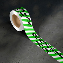 SPECTATORS BEHIND THIS LINE Barrier Tape 75mm x 100m Green and Black on White