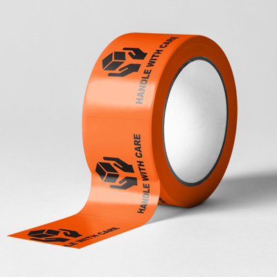 Perforated Printed Labels Handle With Care Black on Orange 72mm X 100m 500/roll 