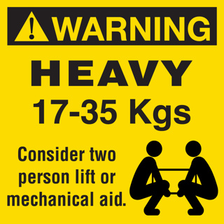 Printed Weight Label Stickers (WARNING 17 to 35kg) Black on Yellow 100mm x 100mm 500/roll